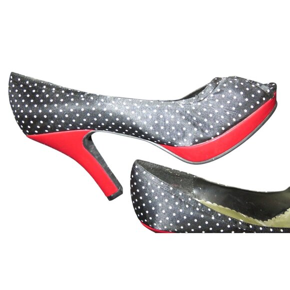 STEVE MADDEN Lexus Black & White Polka Dot Red Heels Retro Chic Peep Toe Heels - Picture 6 of 12